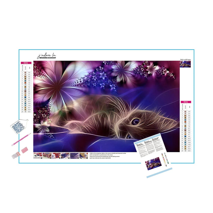 Chat Allongé & Fleurs Broderie Diamant Diamond Painting