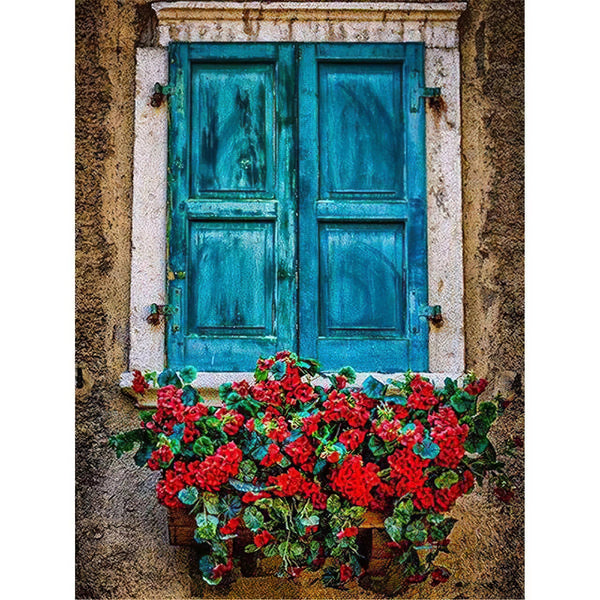 Fleurs rouges dans la fenêtre Broderie Diamant Diamond Painting