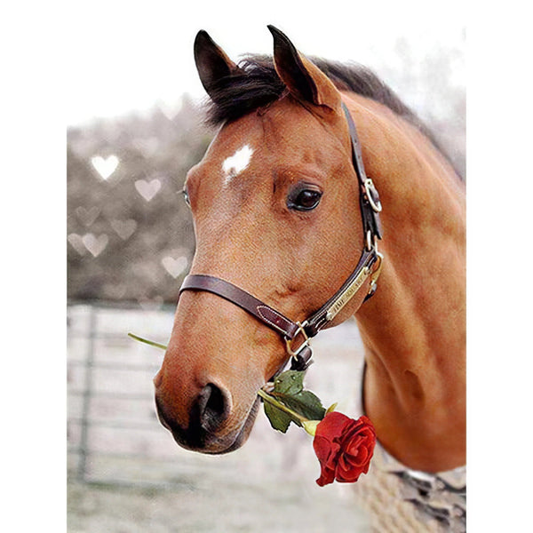 Le cheval ramasse la rose avec sa bouche Broderie Diamant Diamond Painting