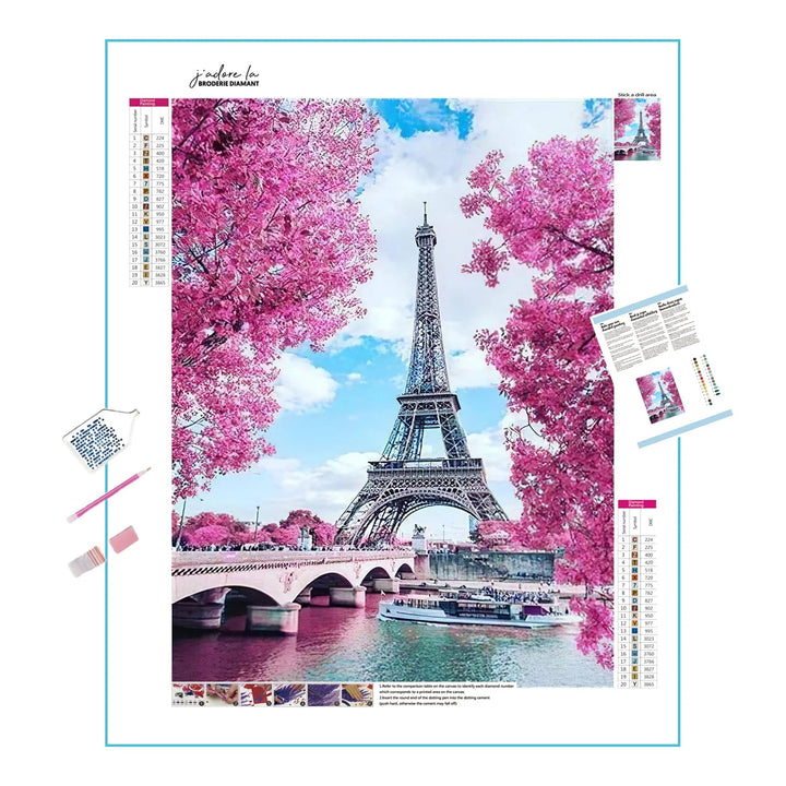 Tour Eiffel & fleurs roses Broderie Diamant Diamond Painting
