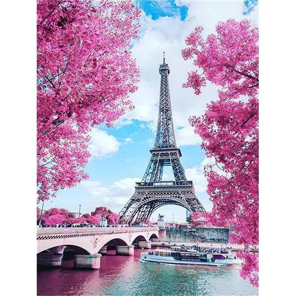 Tour Eiffel & fleurs roses Broderie Diamant Diamond Painting