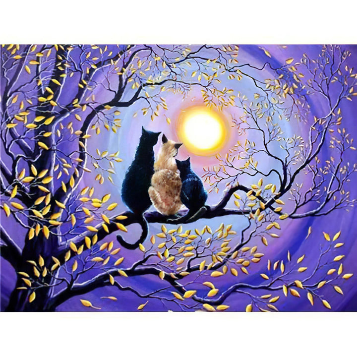 Trois chat assis sur un arbre au clair de lune Broderie Diamant Diamond Painting
